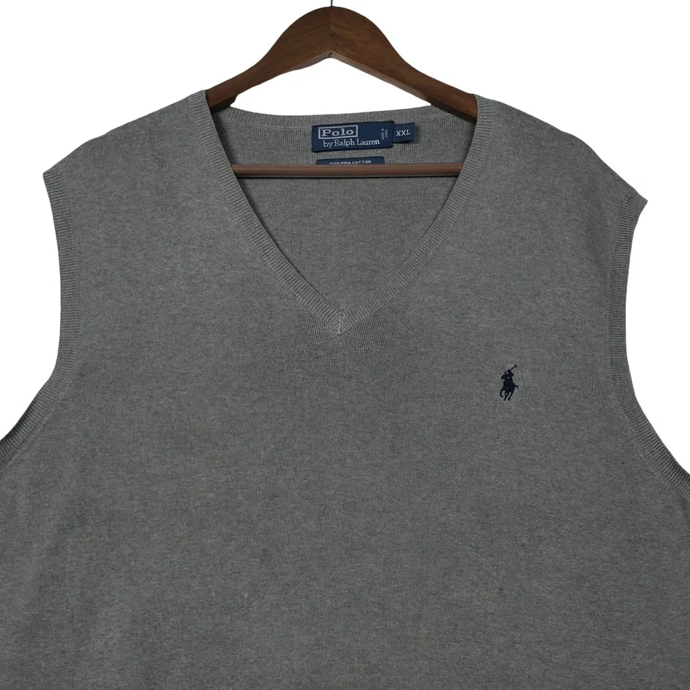 Polo Ralph Lauren XXL Pima Cotton Sweater Vest Gray V-Neck Blue Pony Preppy Golf